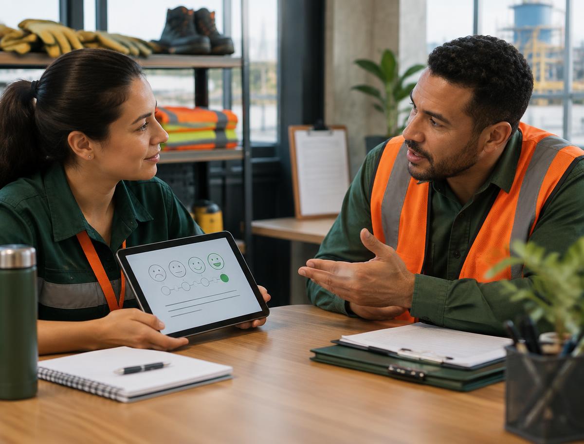 Cliente avaliando o atendimento de um parceiro de SST com um profissional